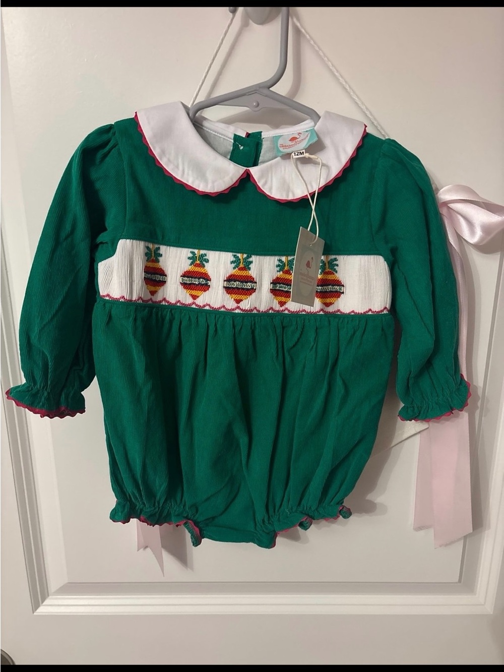 Green Smocked Bubble One-Piece with White Peter Pan Collar